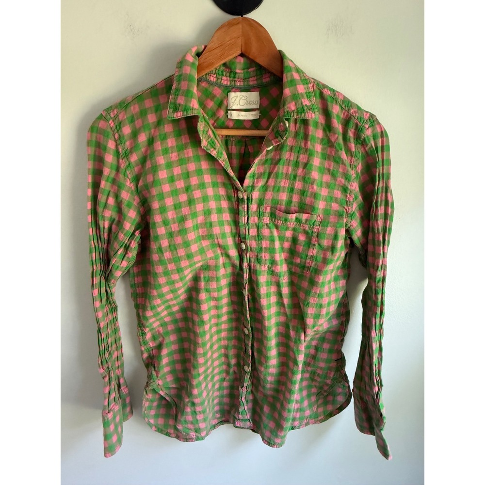 J.Crew Womens Pink Green Gingham Check Button Down Shirt Classic Fit Size 2